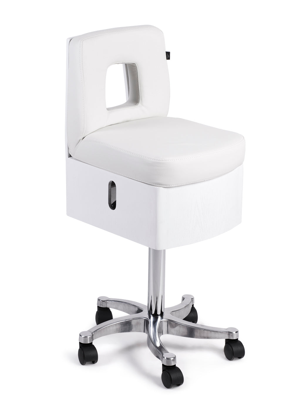 Taburete Pedicura Leo Blanco Con Cajon Y Pie De Aluminio
